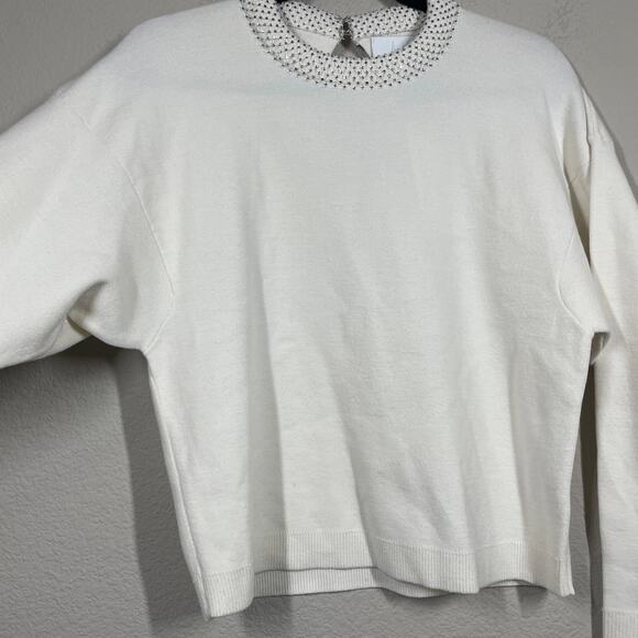 (Nude) Fashion 38/Small Crewneck Knit Beaded Sweater White Wool Long Sleeves - Picture 5 of 11